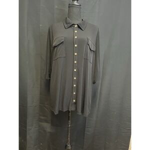 CALVIN KLEIN Women's 2X Black Snap Button Shirt Gold Snaps‎ Knit Tunic Plus Size